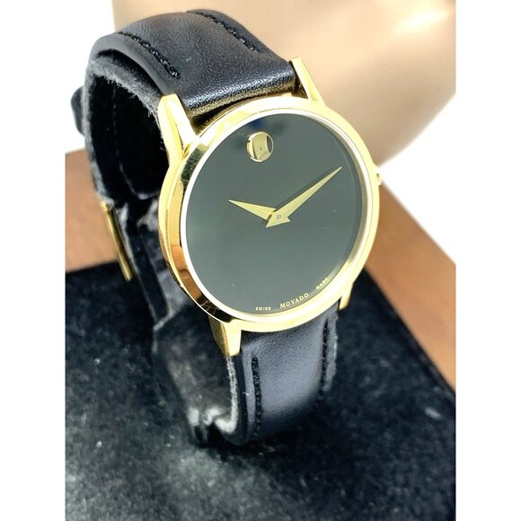 Movado Women's Watch 0607275 Swiss Quartz Gold Museum Black Dial Leather Band - Picture 1 of 14
